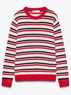 Zara Cream, Red & Navy Striped Crewneck Sweater S